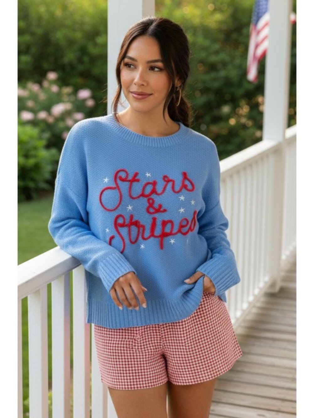 Embroidered Stars & Stripes Patriotic Knit Sweater Long Sleeve Crewneck Pullover